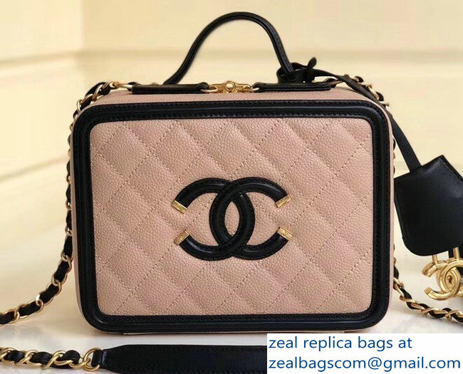 Chanel CC Filigree Grained Vanity Case Bag A93343 Beige/Black