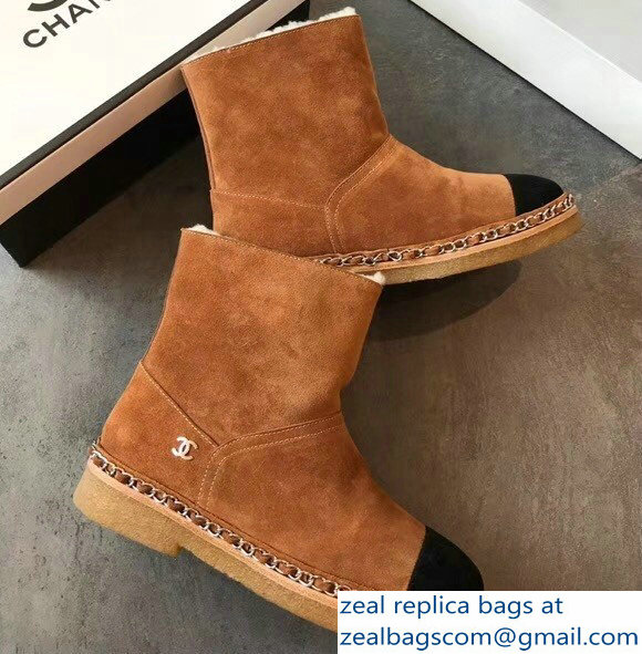 Chanel Chain Around Suede Goatskin and Shearling Short Boots G34113 Brown 2018