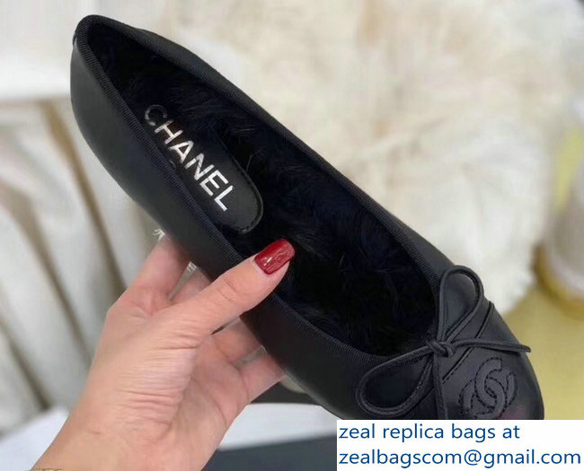 Chanel Classic Bow Flats Ballerinas Shearling Fur Black 2018