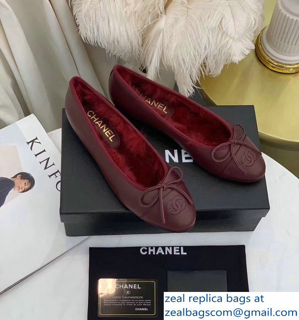 Chanel Classic Bow Flats Ballerinas Shearling Fur Burgundy 2018