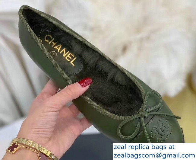 Chanel Classic Bow Flats Ballerinas Shearling Fur Green 2018