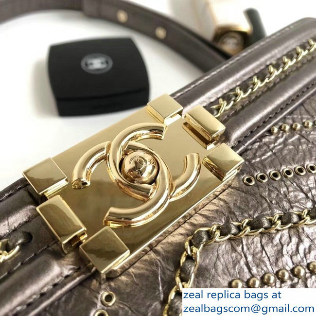 Chanel Crumpled Calfskin Chain Studded Boy Medium Flap Bag Metallic Gun Color/Gold 2018