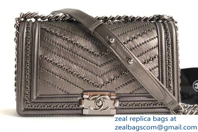 Chanel Crumpled Calfskin Chain Studded Boy Medium Flap Bag Metallic Gun Color/Silver 2018