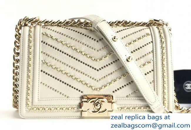 Chanel Crumpled Calfskin Chain Studded Boy Medium Flap Bag White/Gold 2018