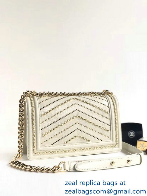 Chanel Crumpled Calfskin Chain Studded Boy Medium Flap Bag White/Gold 2018