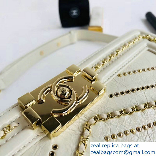 Chanel Crumpled Calfskin Chain Studded Boy Medium Flap Bag White/Gold 2018