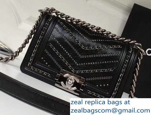 Chanel Crumpled Calfskin Chain Studded Boy Small Flap Bag Black/Silver 2018