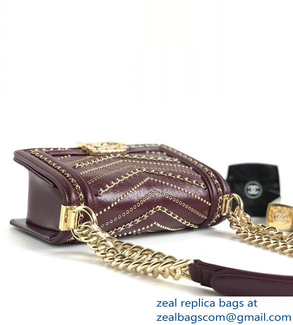 Chanel Crumpled Calfskin Chain Studded Boy Small Flap Bag Burgundy/Gold 2018