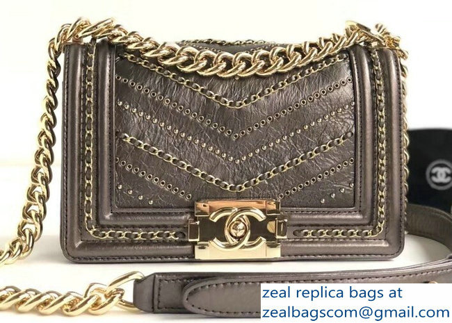 Chanel Crumpled Calfskin Chain Studded Boy Small Flap Bag Metallic Gun Color/Gold 2018