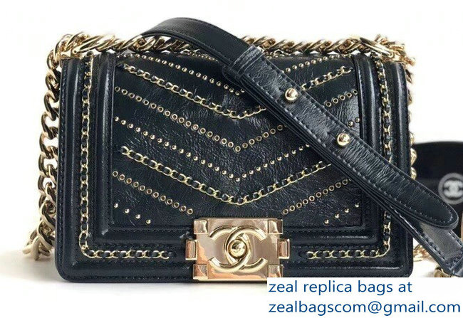 Chanel Crumpled Calfskin Chain Studded Boy Small Flap Bag Navy Blue/Gold 2018