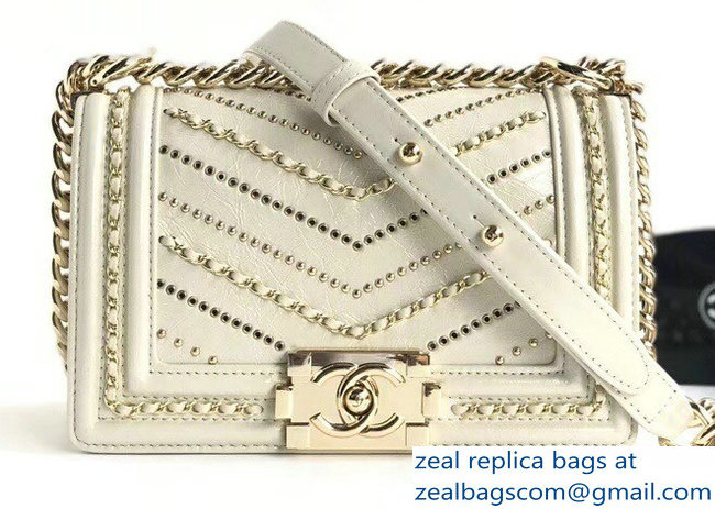 Chanel Crumpled Calfskin Chain Studded Boy Small Flap Bag White/Gold 2018