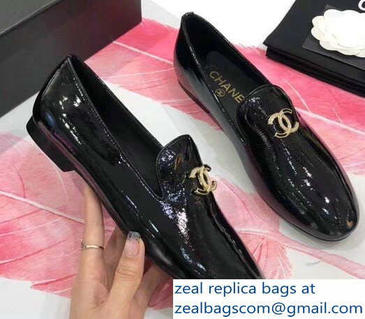 Chanel Crystal CC Logo Loafers Patent Black 2018