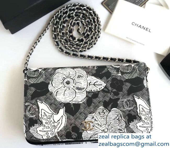 Chanel Floral Printed Lambskin Wallet On Chain WOC Bag A70788 White/Black 2018
