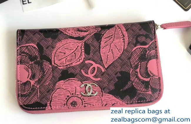 Chanel Floral Printed Lambskin Zipped Wallet Pink/Black 2018