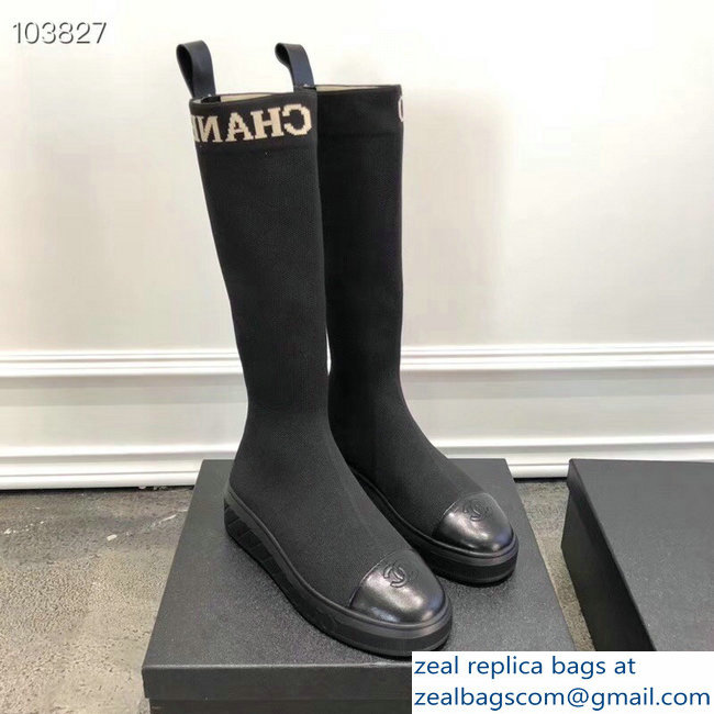 Chanel Logo Fabric 16 inch Boots Black 2018 - Click Image to Close