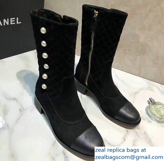 Chanel Pearls High Boots G34075 Suede Black 2018 - Click Image to Close