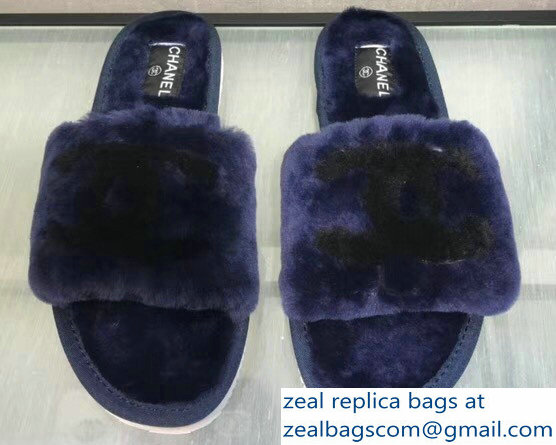 Chanel Shearling Fur CC Logo Slides Sandals Blue 2018