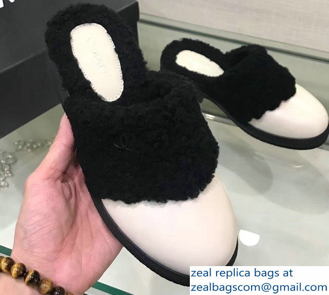 Chanel Shearling Fur and Leather Slipper Sandals Mules Black 2018