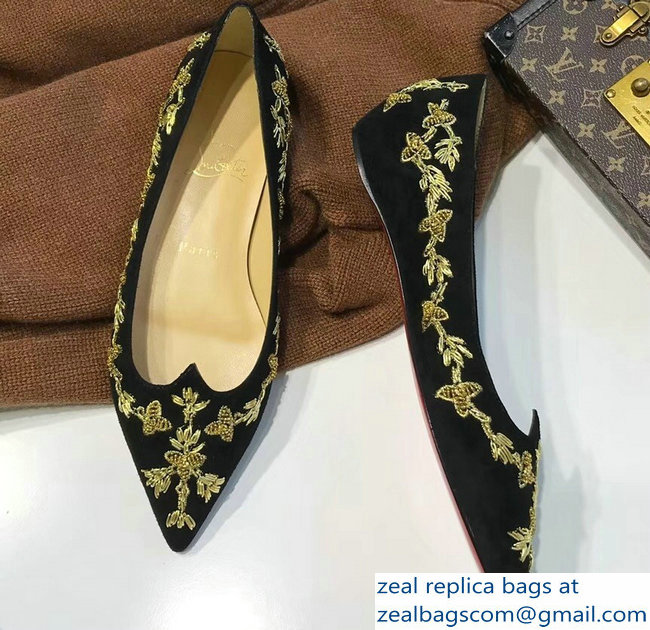 Christian Louboutin Flower Embellishment Flats Black/Gold 2018 - Click Image to Close