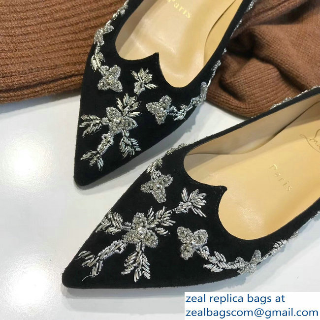 Christian Louboutin Flower Embellishment Flats Black/Silver 2018 - Click Image to Close