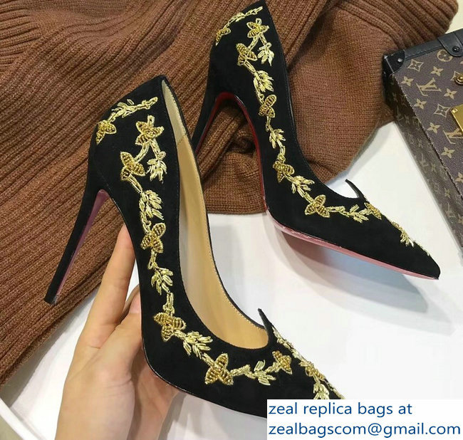 Christian Louboutin Heel 10.5cm Flower Embellishment Pumps Black/Gold 2018 - Click Image to Close