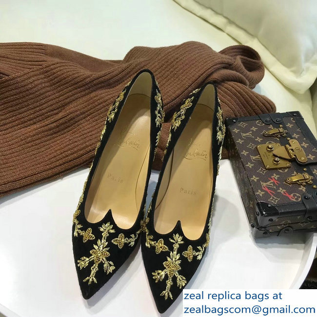 Christian Louboutin Heel 10.5cm Flower Embellishment Pumps Black/Gold 2018 - Click Image to Close