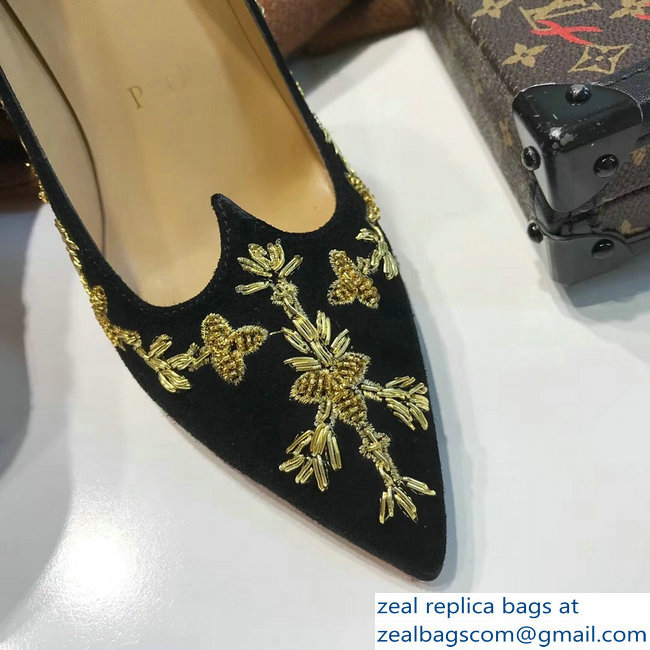 Christian Louboutin Heel 10.5cm Flower Embellishment Pumps Black/Gold 2018 - Click Image to Close