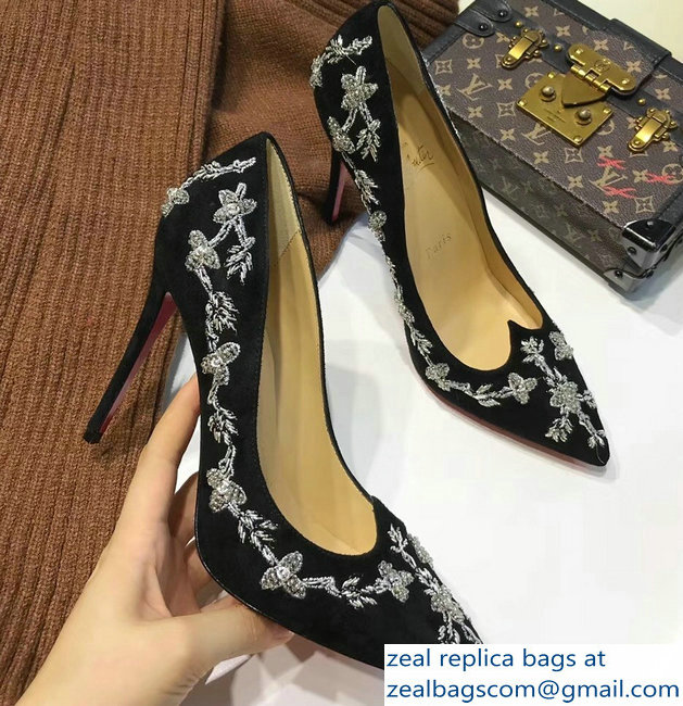 Christian Louboutin Heel 10.5cm Flower Embellishment Pumps Black/Silver 2018 - Click Image to Close