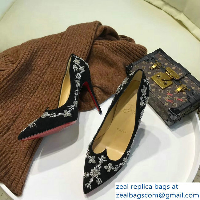 Christian Louboutin Heel 10.5cm Flower Embellishment Pumps Black/Silver 2018 - Click Image to Close