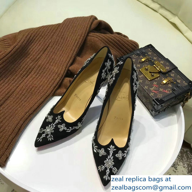 Christian Louboutin Heel 10.5cm Flower Embellishment Pumps Black/Silver 2018 - Click Image to Close