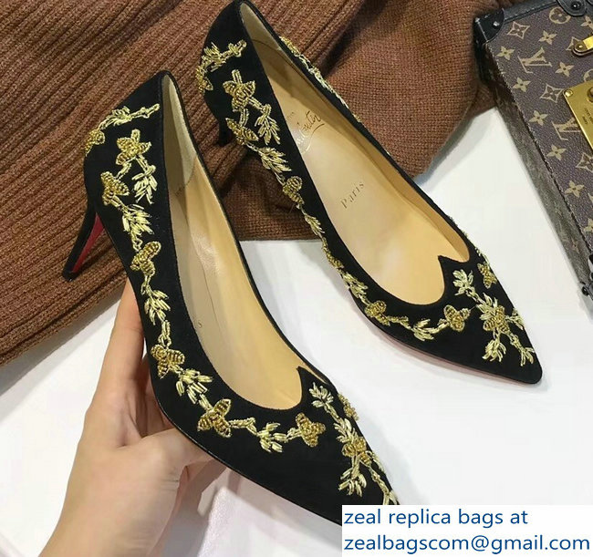 Christian Louboutin Heel 6.5cm Flower Embellishment Pumps Black/Gold 2018 - Click Image to Close