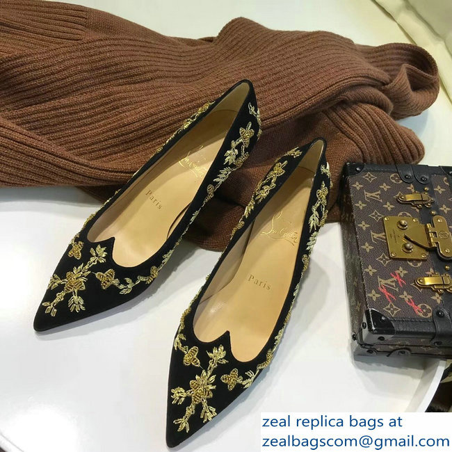 Christian Louboutin Heel 6.5cm Flower Embellishment Pumps Black/Gold 2018 - Click Image to Close