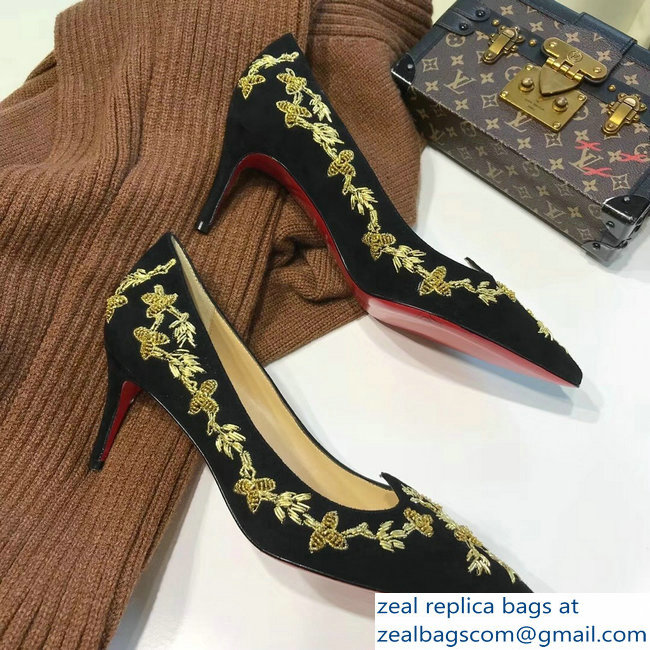 Christian Louboutin Heel 6.5cm Flower Embellishment Pumps Black/Gold 2018
