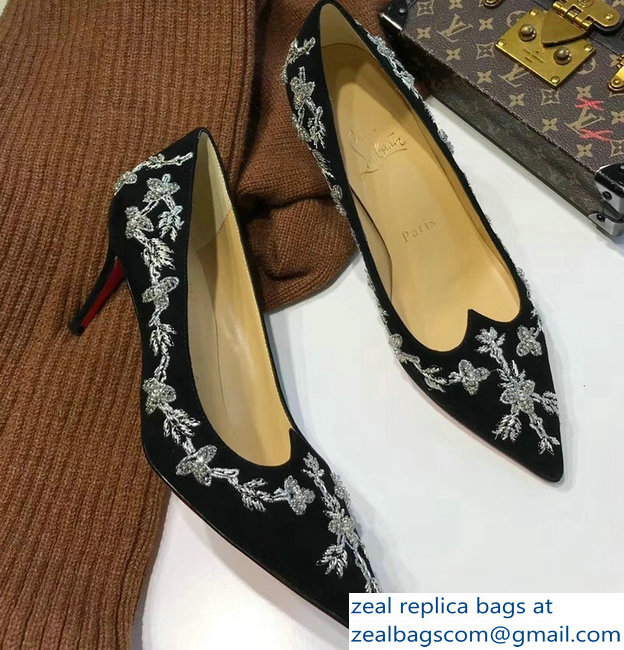 Christian Louboutin Heel 6.5cm Flower Embellishment Pumps Black/Silver 2018 - Click Image to Close