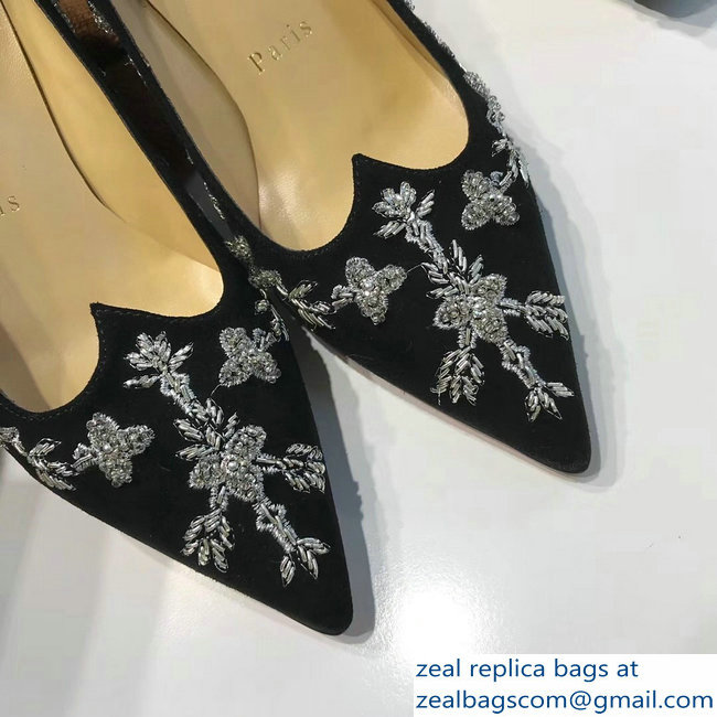 Christian Louboutin Heel 6.5cm Flower Embellishment Pumps Black/Silver 2018 - Click Image to Close