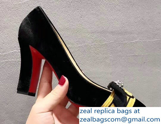 Christian Louboutin Heel 8.5cm Yellow Stripe Pumps Suede Black
