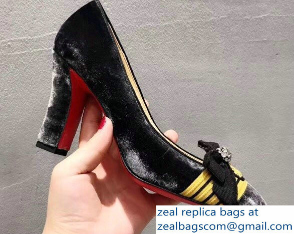 Christian Louboutin Heel 8.5cm Yellow Stripe Pumps Suede Gray - Click Image to Close