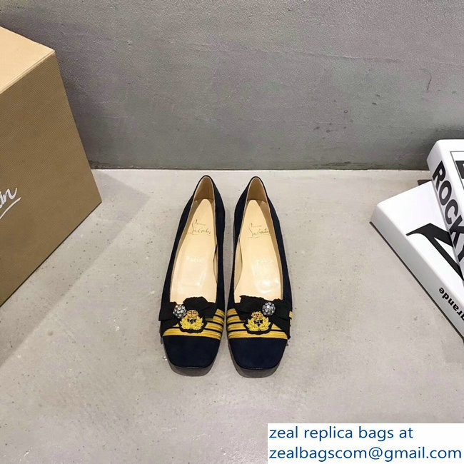 Christian Louboutin Yellow Stripe Flats Suede Dark Blue - Click Image to Close