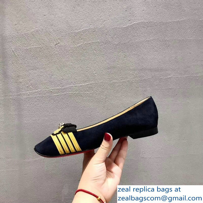 Christian Louboutin Yellow Stripe Flats Suede Dark Blue