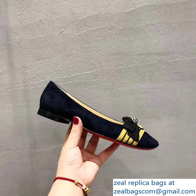 Christian Louboutin Yellow Stripe Flats Suede Dark Blue