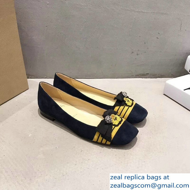 Christian Louboutin Yellow Stripe Flats Suede Dark Blue - Click Image to Close