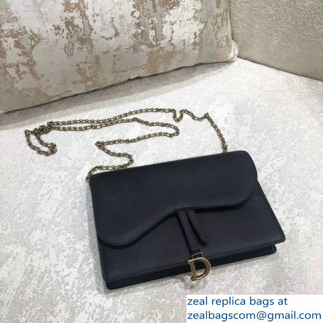 Dior Calfskin Large Saddle Wallet on Chain Clutch Bag Black 2018