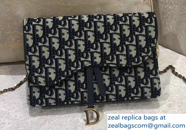 Dior Oblique Jacquard Canvas Large Saddle Wallet on Chain Clutch Bag Blue 2018