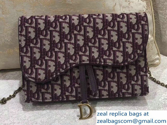 Dior Oblique Jacquard Canvas Large Saddle Wallet on Chain Clutch Bag Burgundy 2018