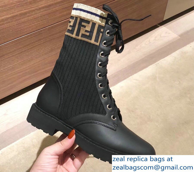 Fendi FF Logo Beige Stretch Ribbed Fabric and Leather Rockoko Combat Ankle Boots Black 2018