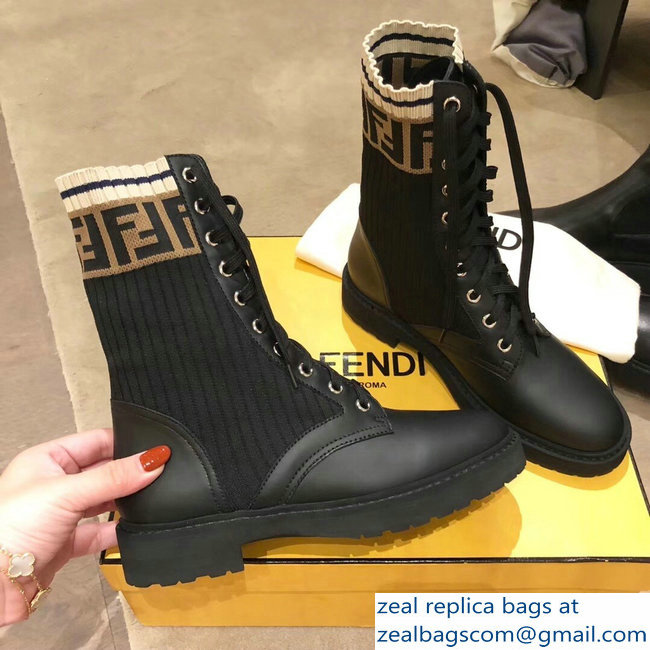 Fendi FF Logo Beige Stretch Ribbed Fabric and Leather Rockoko Combat Ankle Boots Black 2018 - Click Image to Close