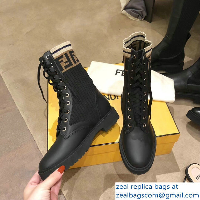 Fendi FF Logo Beige Stretch Ribbed Fabric and Leather Rockoko Combat Ankle Boots Black 2018 - Click Image to Close