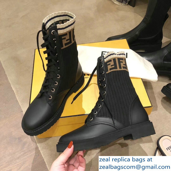 Fendi FF Logo Beige Stretch Ribbed Fabric and Leather Rockoko Combat Ankle Boots Black 2018