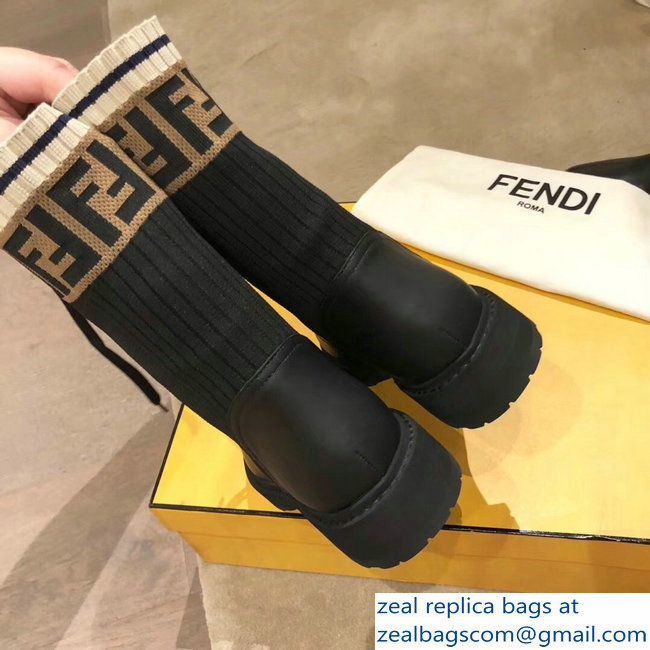 Fendi FF Logo Beige Stretch Ribbed Fabric and Leather Rockoko Combat Ankle Boots Black 2018