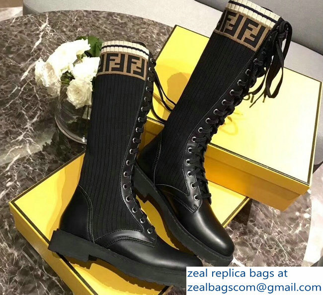 Fendi FF Logo Beige Stretch Ribbed Fabric and Leather Rockoko Combat Boots Black 2018